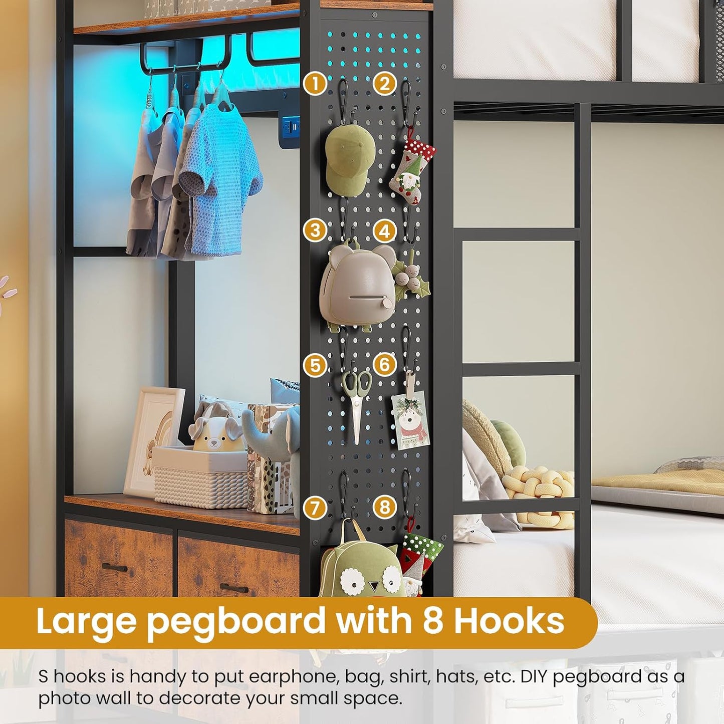 Metal Bunk Bed Twin over Twin with Hall Tree, Power Outlet, LED Bunk Bed with 4 Storage Drawers, Bed with Safety Guardrail & Ladders, No Box Spring Needed, Easy Assembly, Rustic Brown