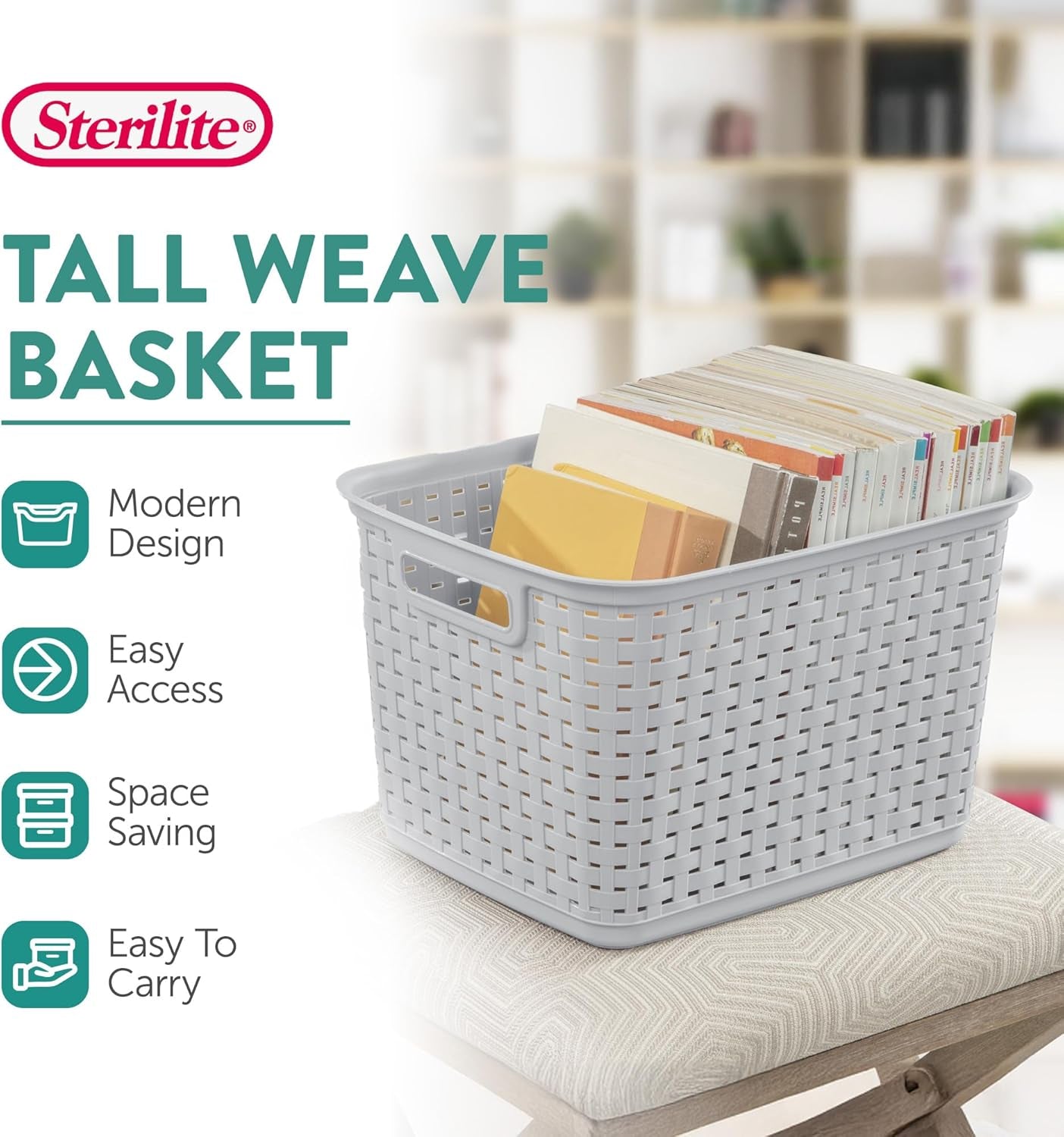 6-Pack Tall Weave Basket, Woven Plastic Storage Baskets for Organization, Cement Gray - Organizing Bin Containers with Handles for Bedroom, Bathroom, Dorm, Laundry Room, and Closet