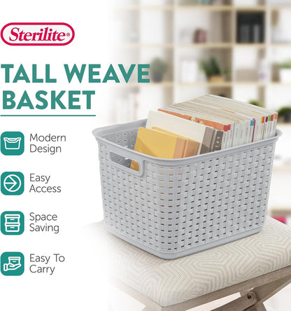 6-Pack Tall Weave Basket, Woven Plastic Storage Baskets for Organization, Cement Gray - Organizing Bin Containers with Handles for Bedroom, Bathroom, Dorm, Laundry Room, and Closet