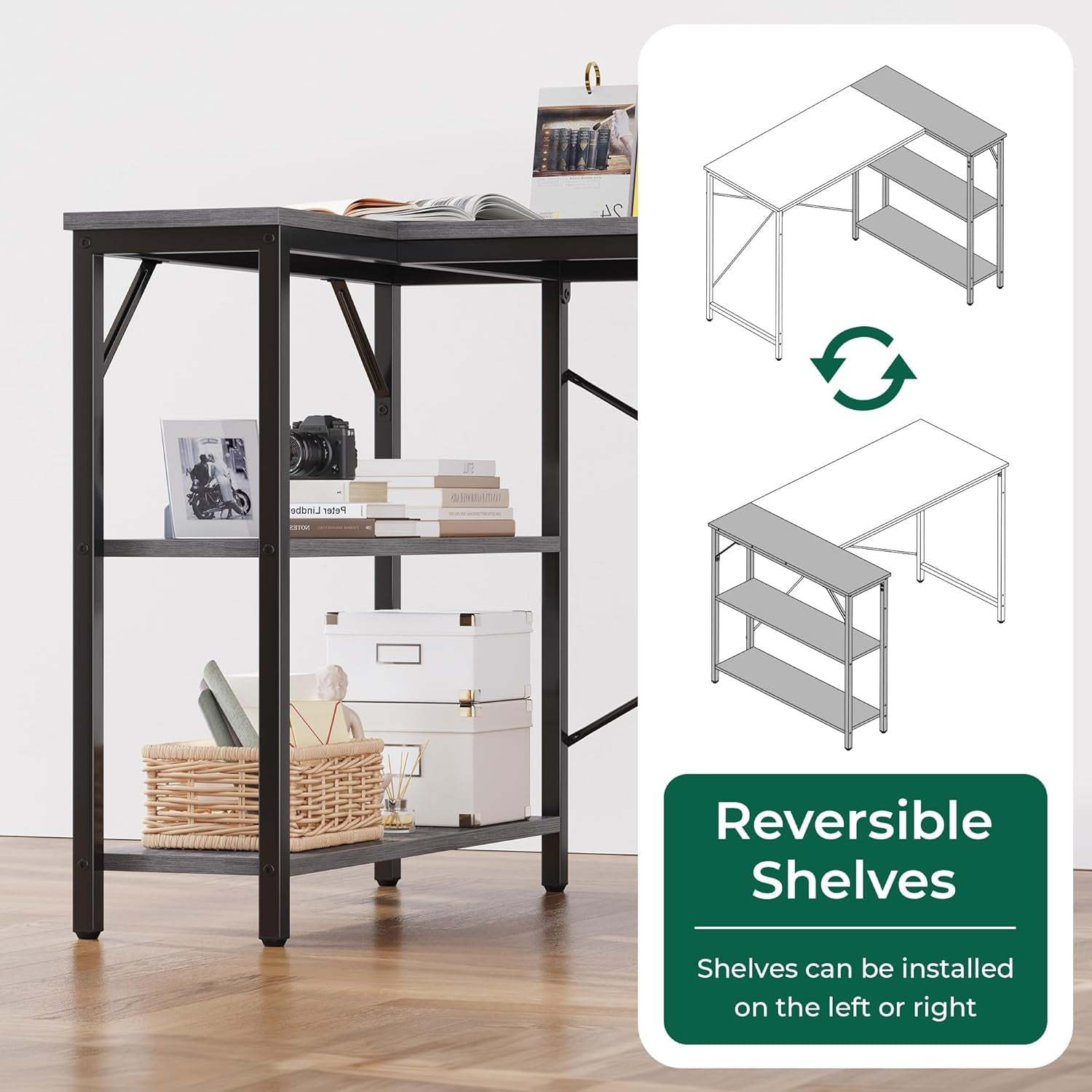 L Shaped Desk, 47 Inches Computer Desk with Reversible Storage Shelves, for Gaming Corner Home Office Writing Study, Metal Frame, Gray