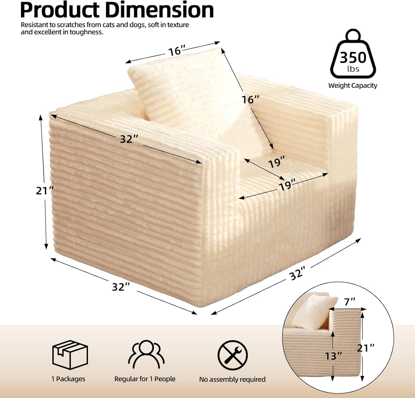 Boneless Cloud Couch Sofa, 2 Seater Deep Seat Modern Lounge Sleeper Couch, No Assemble, Corduroy Compression Upholstered Couches for Living Room, Bedroom, Apartment, Dorm, Office