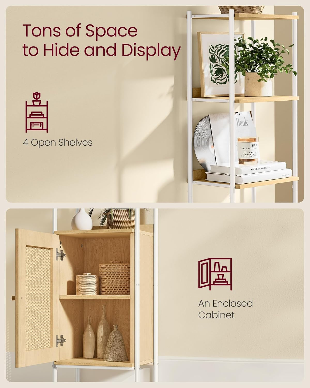 6-Tier Bookcase, Bookshelf with Rattan-Like Door, Boho Style, Freestanding 15.7-Inch Wide Storage Shelf, Metal Frame, Adjustable Shelf, for Living Room, Oak Beige and Pearl White ULLS122W57