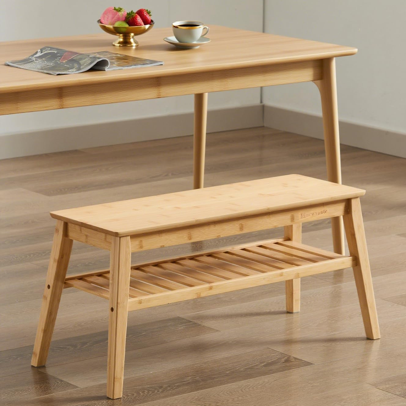 Bamboo Dining Bench, 33.46" Indoor Storage Bench, Small Wood Benches for Entryway, Living Room, Bedroom, Hallway, Outdoor Wooden Bench, Holds up to 300Lbs