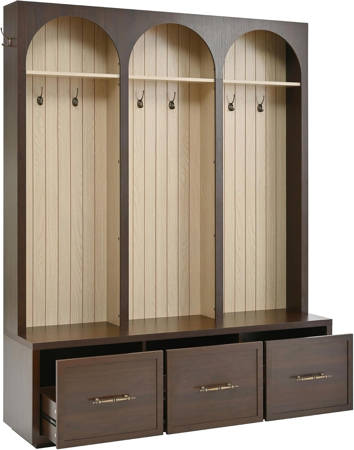 Hall Tree with Bench & 3 Large Storage Drawers, Arched Design Farmhouse Wooden Style 59" Wide Entryway Coat Rack with 8 Hooks for Mudroom, Living Room (Dark Walnut, 74.8" H)