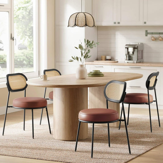 Dining Chairs, Set of 4 Accent Chair for Dining Room Kitchen, with Boho PE Rattan Back, Synthetic Leather Upholstery, Coffee Brown ULDC160K24