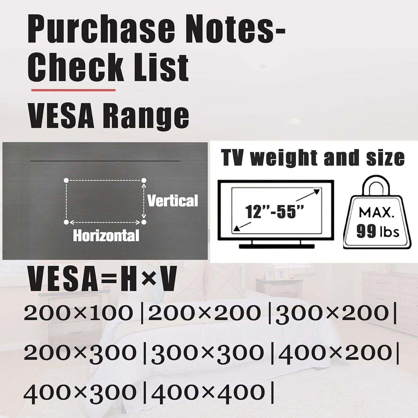 No Stud TV Wall Mount, Drywall Studless TV Hanger No Damage, No Drill, Non Screws, Dry Wall Flat Screen Tvs Easy Install Bar Bracket Fits VESA 12-55 Inch Tvs up to 99 Lbs, Include Hardware Levels