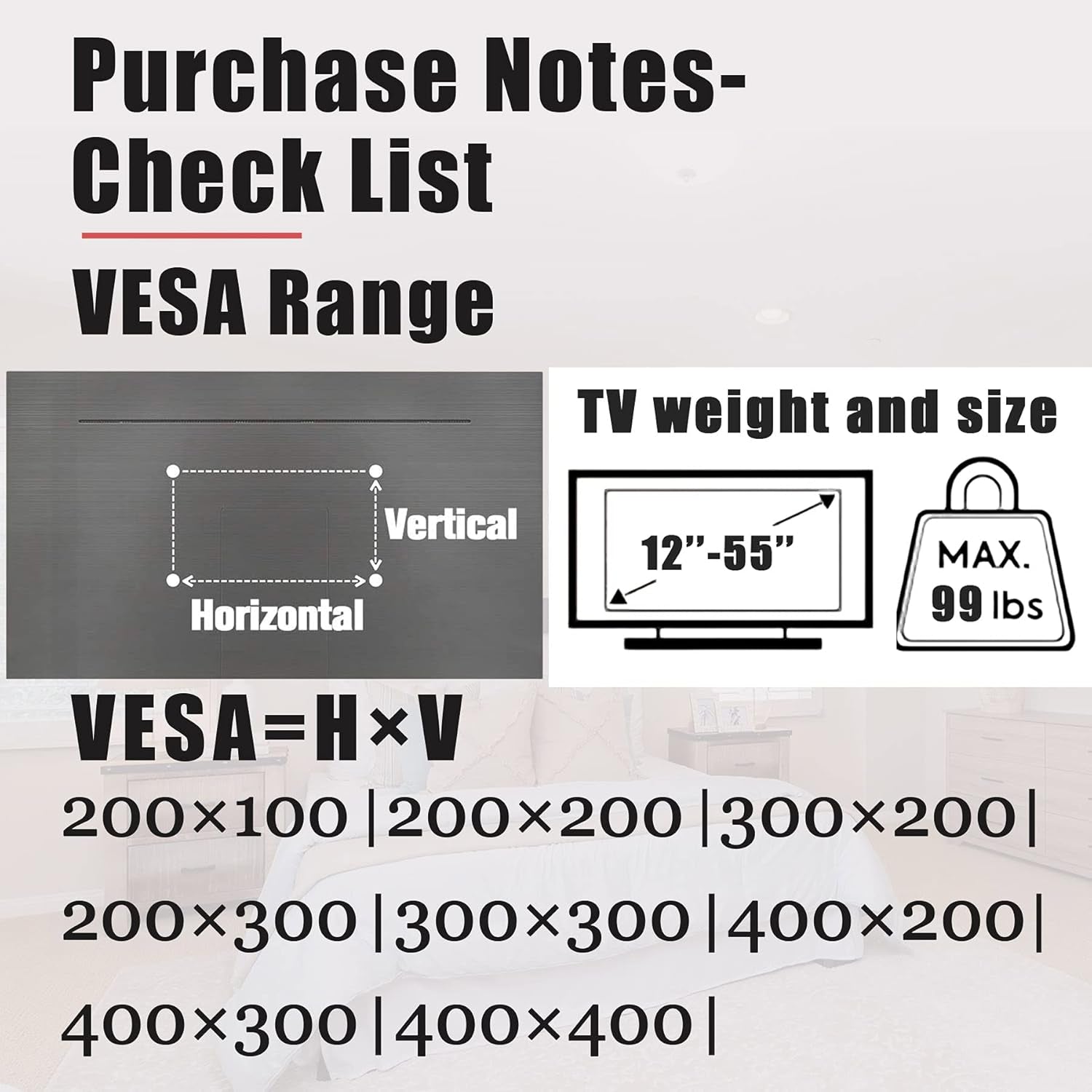 No Stud TV Wall Mount, Drywall Studless TV Hanger No Damage, No Drill, Non Screws, Dry Wall Flat Screen Tvs Easy Install Bar Bracket Fits VESA 12-55 Inch Tvs up to 99 Lbs, Include Hardware Levels
