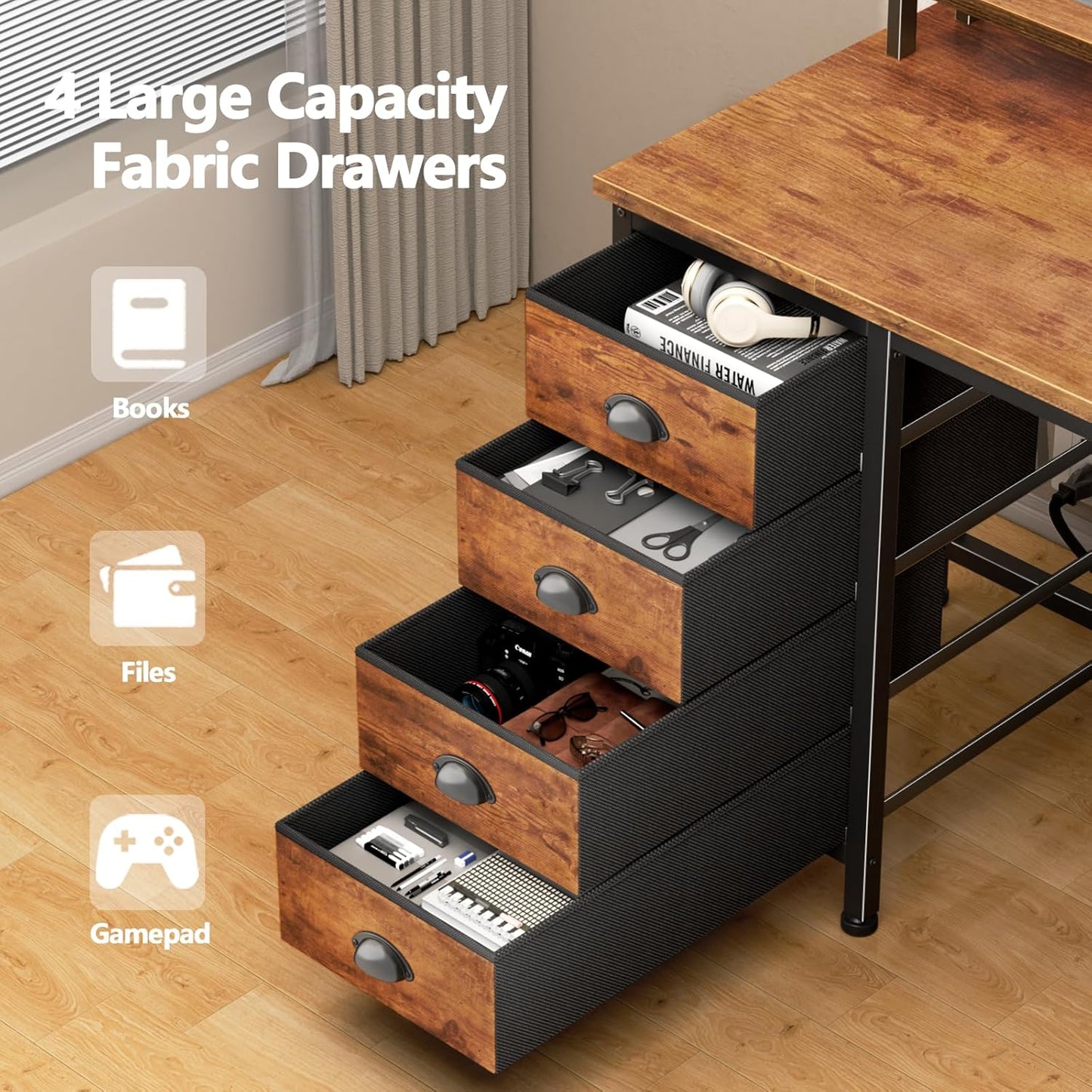 47" Computer Desk with 4 Fabric Drawers & Monitor Stand, Gaming Desk with Power Outlets - LED Lights, Home Office Space-Saving Study Table for Bedroom Small Spaces (Rustic Brown)