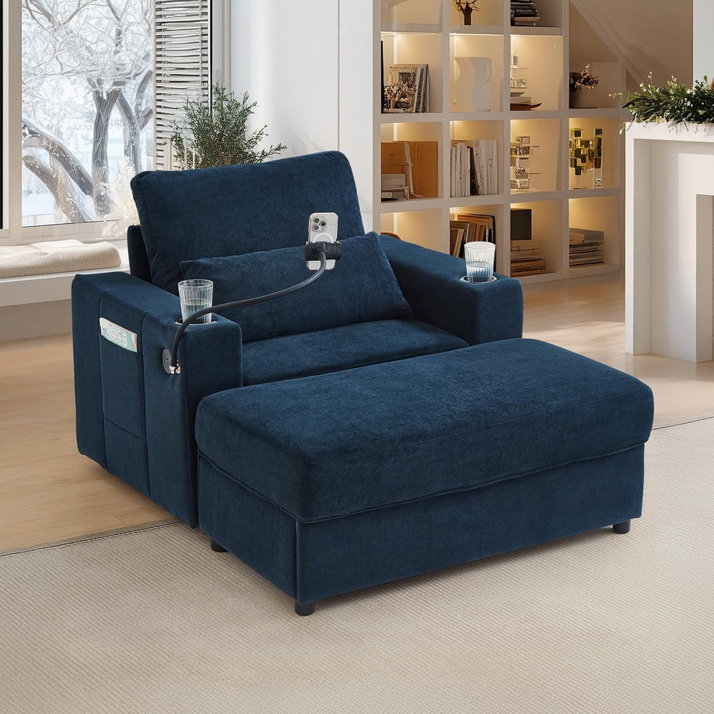 42.5" Chaise Lounge Indoor with a Movable Storage Ottoman, Modern Style Sofa Couch with Dual USB Ports & Cup Holders, a Phone Holder and Side Pockets for Living Room, Blue
