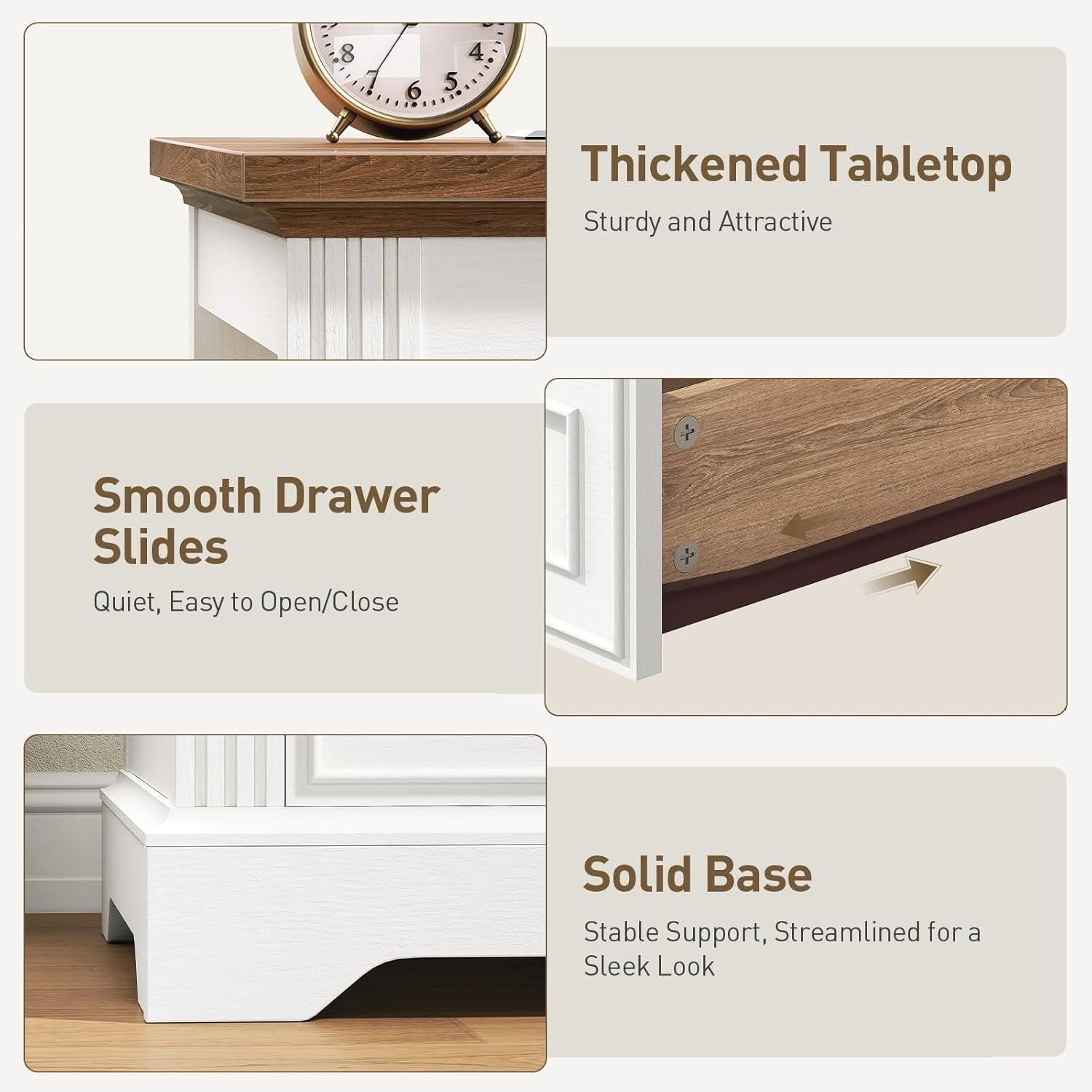 Farmhouse End Table with Charging Station, Large Side Table with Drawers and Open Shelf, Square Rustic Wooden Nightstand for Living Room, White and Walnut