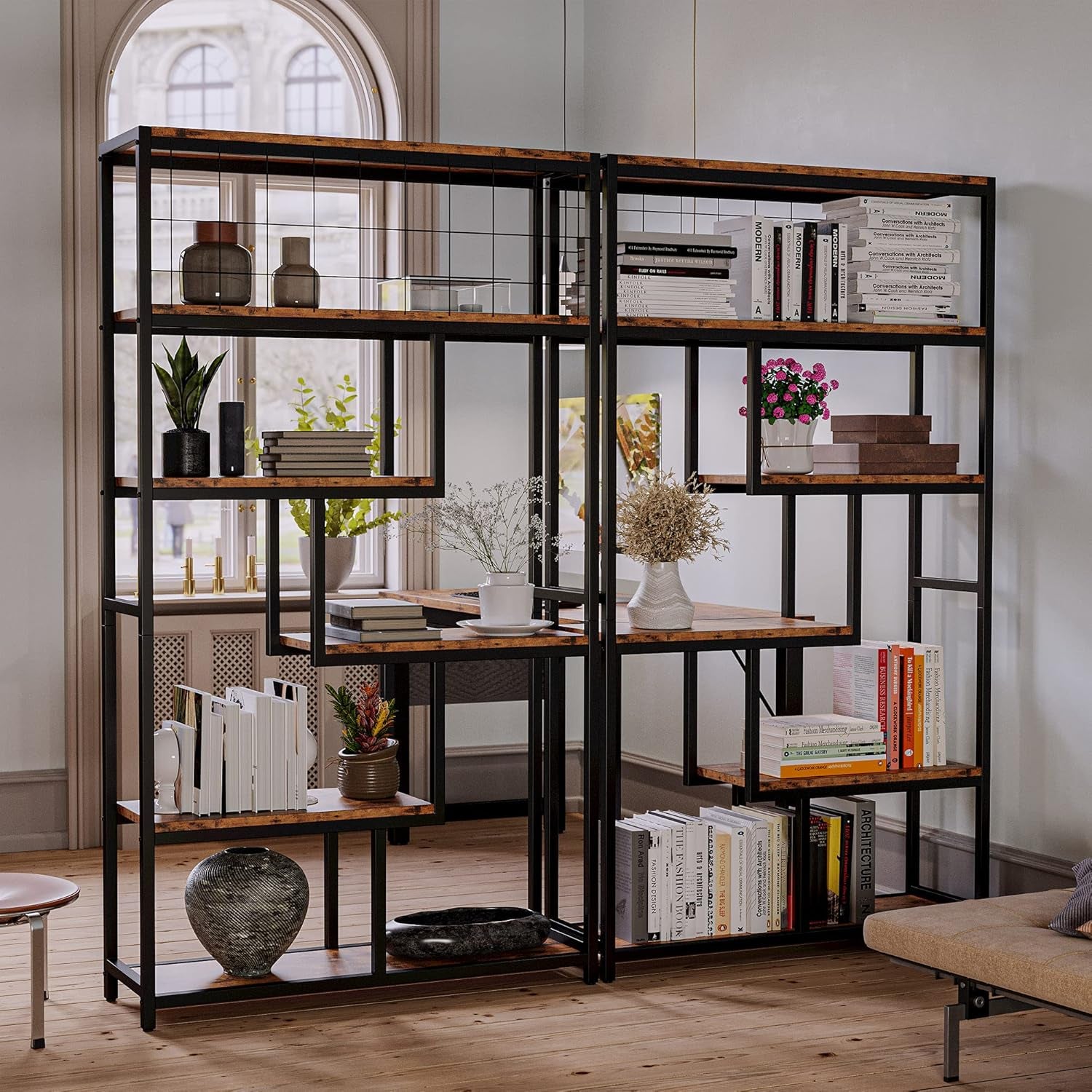 Bookshelves 6 Tiers, Industrial Etagere Heavy Duty Shelves for Living Rooom, Office Storage Geomeric Display Boocase, Vintage Brown