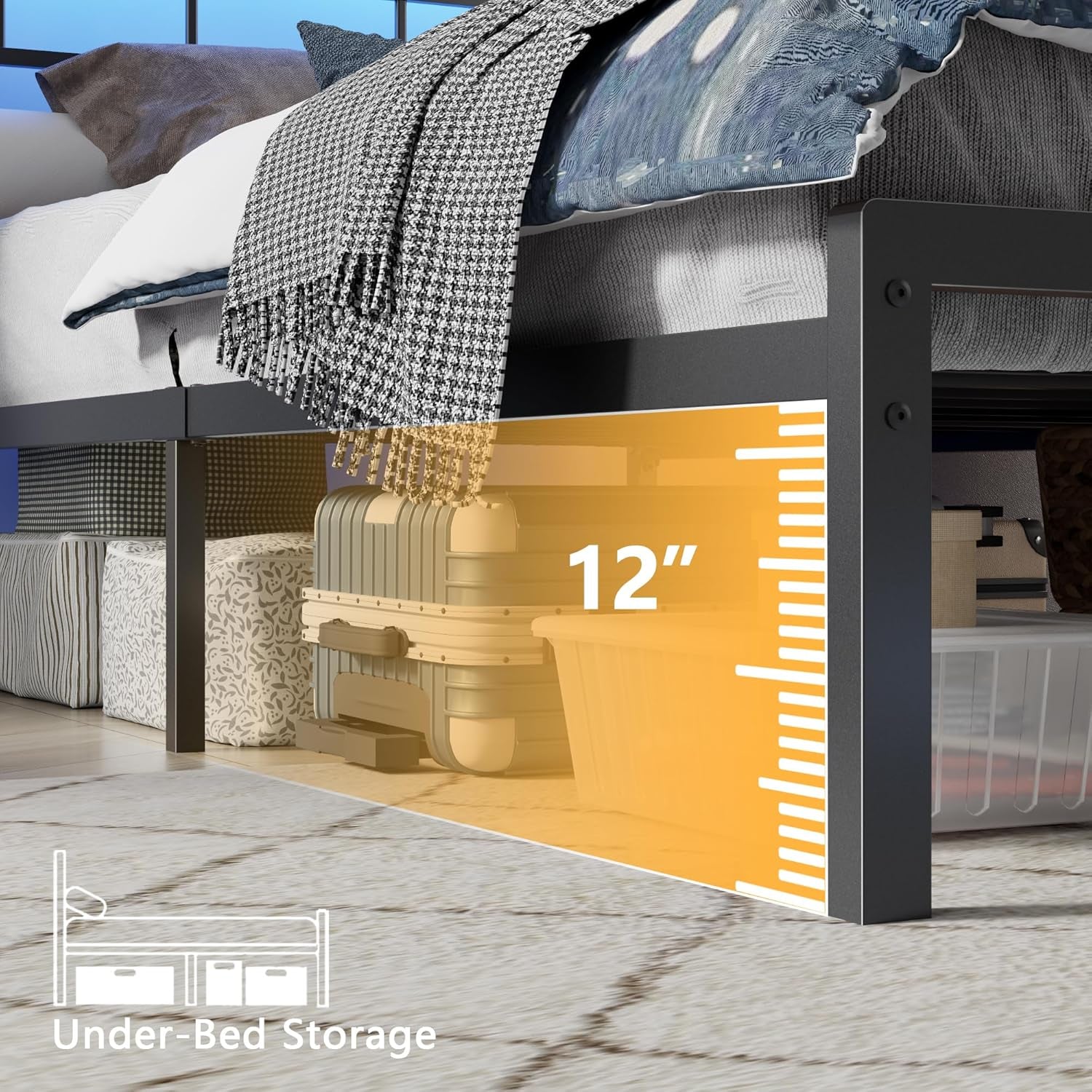 Twin Bed Frames with Built-In Charging Station and LED Light, Metal Platform Bed with Headboard and Storage Shelf, Noise-Free, No Box Spring Needed, Black