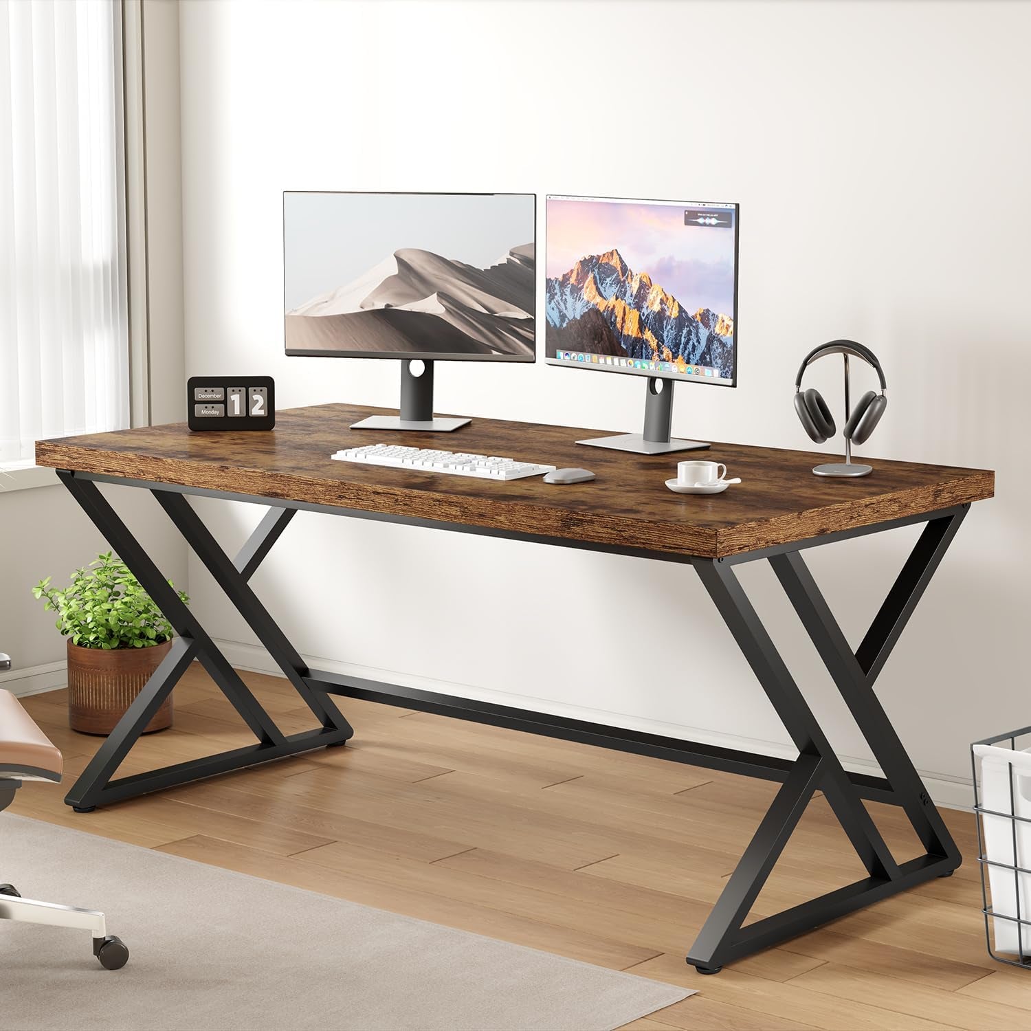 Rustic Computer Desk, Metal Wood Home Office Desk, Industrial Simple Study Executive Desk for Writing Work, Wooden Student Gaming Computer PC Table with Storage for Bedroom, 55 Inch, Rustic Brown