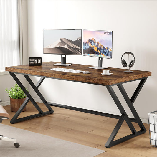 Rustic Computer Desk, Metal Wood Home Office Desk, Industrial Simple Study Executive Desk for Writing Work, Wooden Student Gaming Computer PC Table with Storage for Bedroom, 55 Inch, Rustic Brown