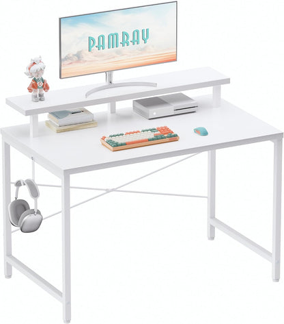 32 Inch Small Computer Desk with Monitor Stand, Simple Office Desk with Headphone Hook for Small Spaces, Kids Study Writing Table for Bedroom, White