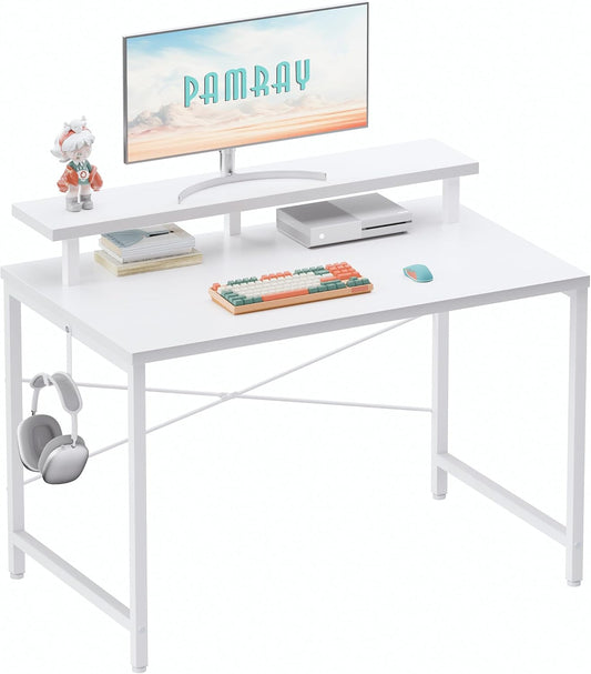 32 Inch Small Computer Desk with Monitor Stand, Simple Office Desk with Headphone Hook for Small Spaces, Kids Study Writing Table for Bedroom, Marble