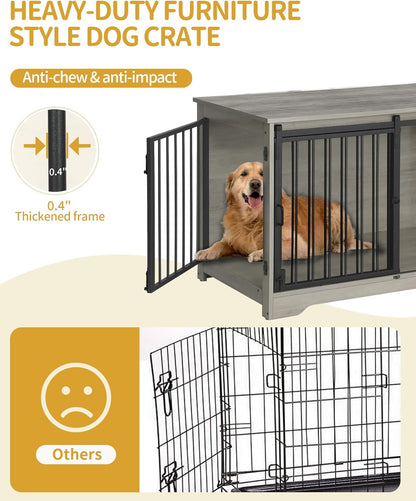27.2" Dog Crate Furniture with Barn Door, Heavy Duty Dog Kennel Indoor with 2 Doors, Wooden Pet Cage End Table for Small Medium Dogs up to 22 Lb, Anti-Chew Anti-Escape, Greige DFC84305B