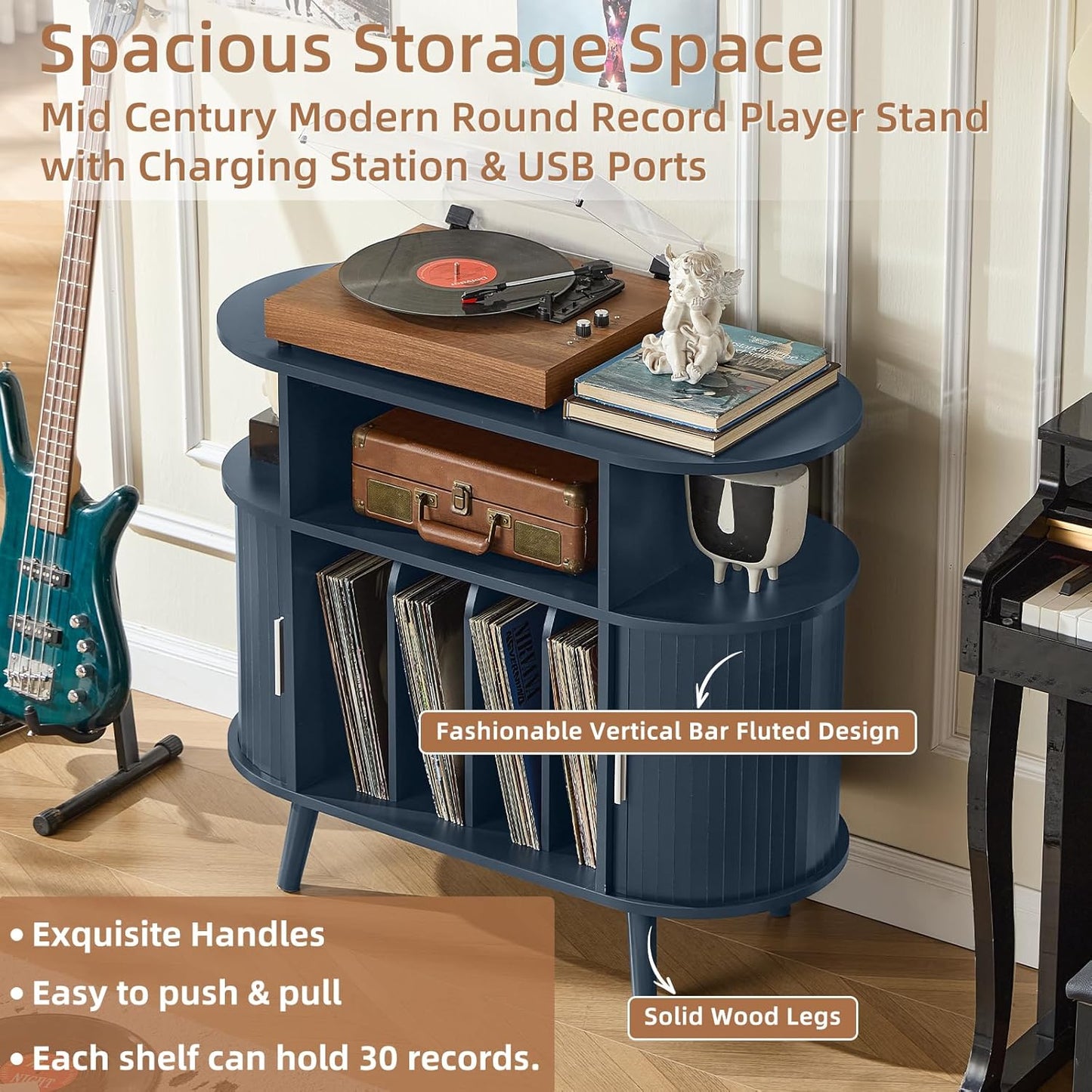 Large round Record Player Stand with Charging Station & Fluted Panel,Navy Blue Mid Century Modern Turntable Cabinet with Vinyl Storage, Arched Wood Record Player Table for Living Room