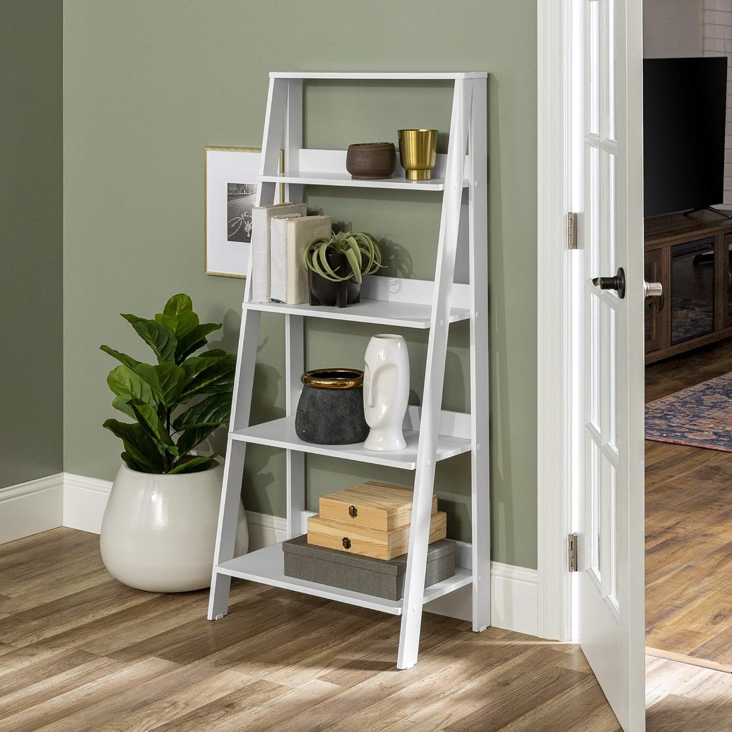 Sophia Modern 4 Shelf Ladder Bookcase , 55 Inch, White