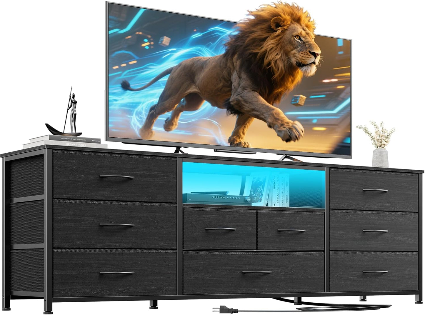 9 Drawer Dresser, 63” Long TV Stand for Bedroom, Entertainment Center with Power Outlet & LED Light for 65"-75" TV, Black Dresser with Fabric Storage Drawers for Closet