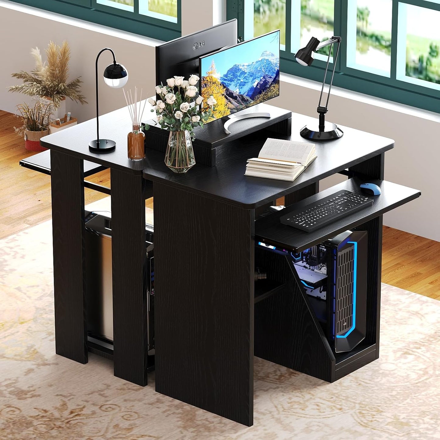 30" Small Computer Desk with Keyboard Tray Monitor Stand, Study Writing Desk with Storage Shelves, Modern Workstation for Small Spaces, save Space, Black A