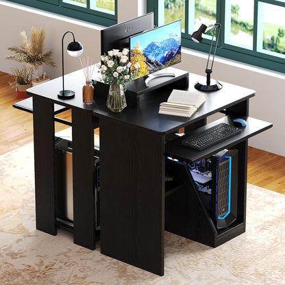30" Small Computer Desk with Keyboard Tray Monitor Stand, Study Writing Desk with Storage Shelves, Modern Workstation for Small Spaces, save Space, Black A