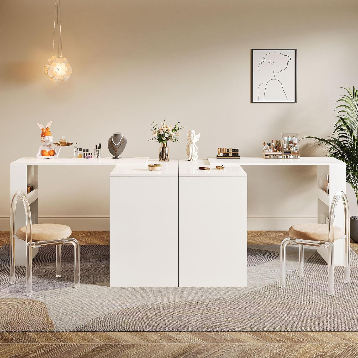 Corner Makeup Vanity Desk with 3 Drawers, 78" Modern L-Shaped Vanity Table with Reversible Cabinet, Extendable Dressing Table Combo with 1 Door for Women & Girls Bedroom (Without Mirror)