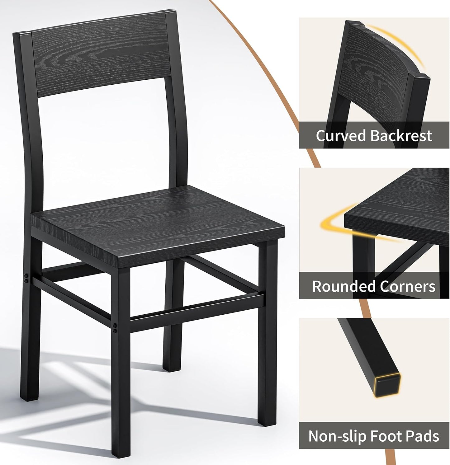 Dining Chairs Set of 4, Rustic Wood Dining Room Chairs with Thickened and Strengthened Metal Steel Frame & Slat Back, Modern Farmhouse Chair for Kitchen, Dining Room (4, Dark Black)