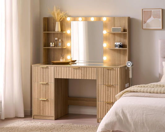 47.2" Fluted Vanity Desk with Mirror and Adjustable LED Lights, Large 7 Drawers Makeup Table with Glass Top and Charging Station for Women and Girls, Bedroom or Dorm, Natural Oak