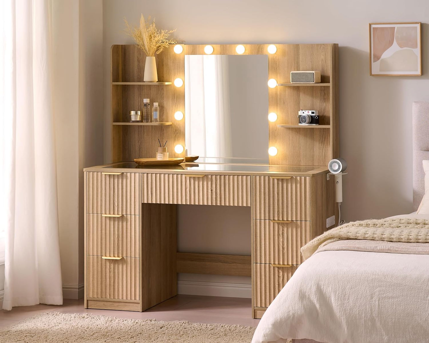 47.2" Fluted Vanity Desk with Mirror and Adjustable LED Lights, Large 7 Drawers Makeup Vanity Table with Glass Top and Charging Station for Women and Girls, Bedroom or Dorm, Natural Oak