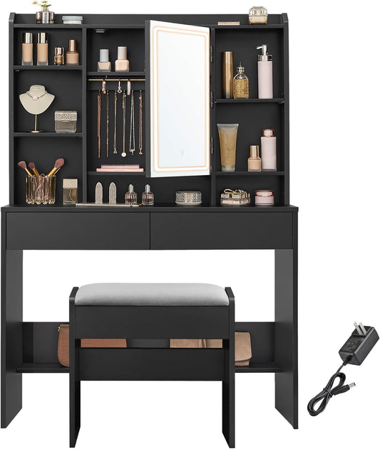 Vanity Desk with Mirror and Lights, Makeup Vanity with Upholstered Vanity Stool, Dimmable LED Lights, Adjustable Shelves, 7 Compartments, 2 Drawers, for Bedroom, Ink Black URDT131B01