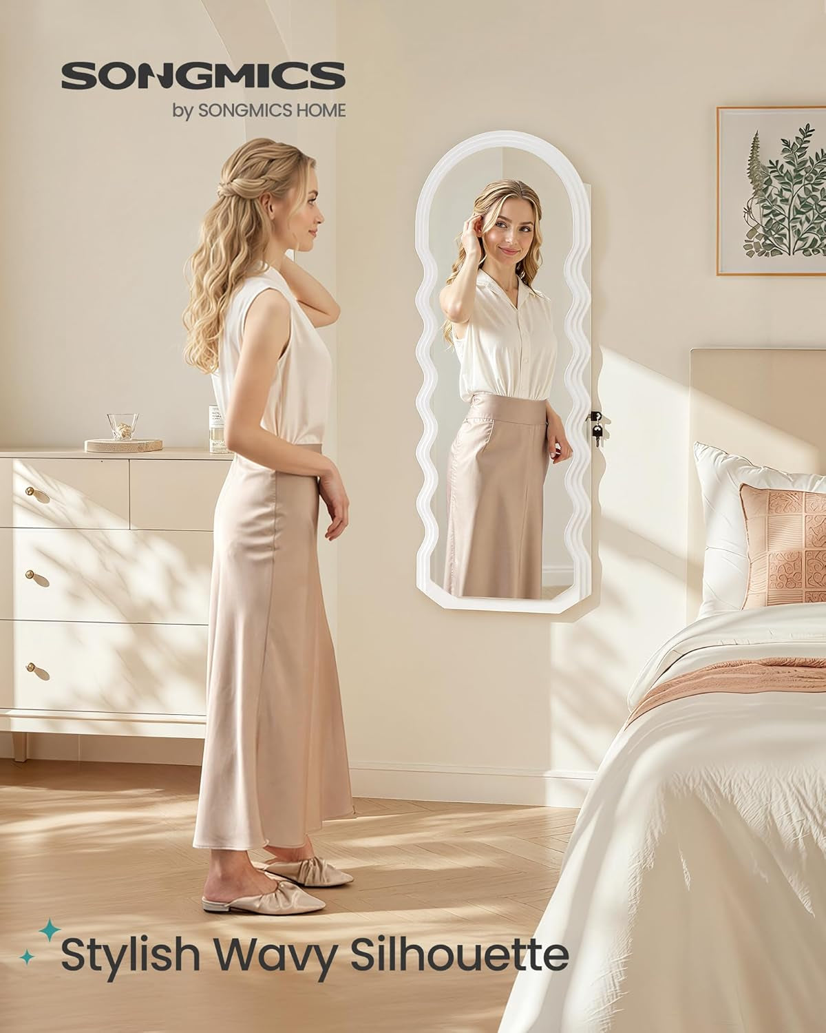 Mirror Jewelry Cabinet Wall Mounted over the Door, Hanging LED Jewelry Organizer, Lockable Wavy Wide Mirror with Storage, Interior Lights, 3.9 X 16.5 X 42.5 Inches, White UJJC031W01