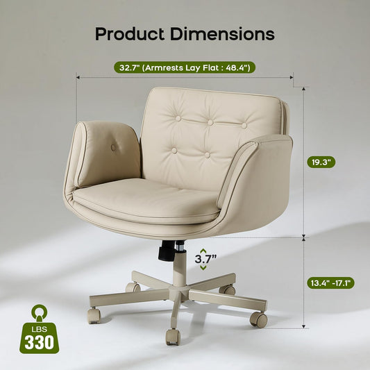 Criss Cross Chair with Armrests & Wheels, PU Leather Vanity Chair, Comfortable Adjustable Swivel Computer Office Desk Chairs for Home, Make Up, Bed Room (Cream)