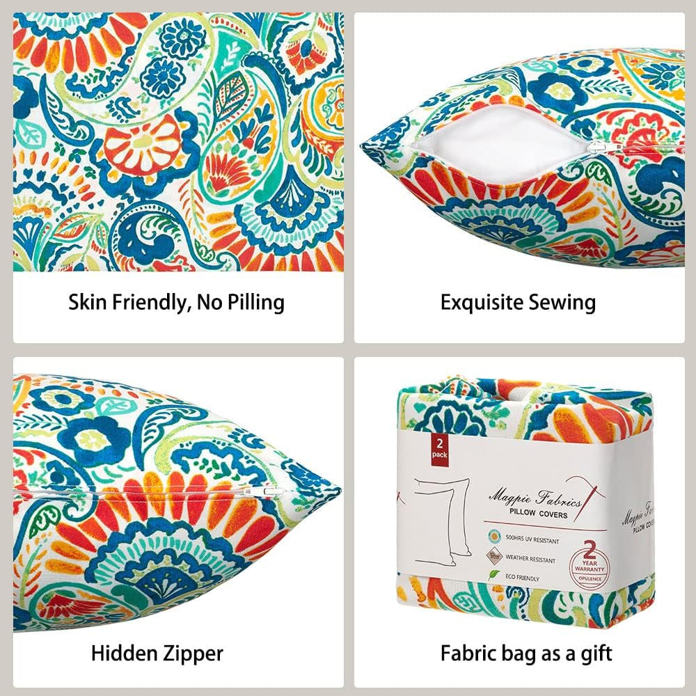 Patio Pillow Covers ONLY 18"X18", Set of 2, Fade-Resistant Outdoor Indoor Cushion Cases Decorative Throw Pillowcase Shell for Couch Garden Furniture -Paisley Multi
