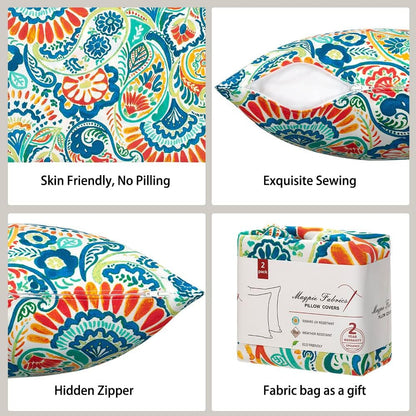 Patio Pillow Covers ONLY 18"X18", Set of 2, Fade-Resistant Outdoor Indoor Cushion Cases Decorative Throw Pillowcase Shell for Couch Garden Furniture -Paisley Multi