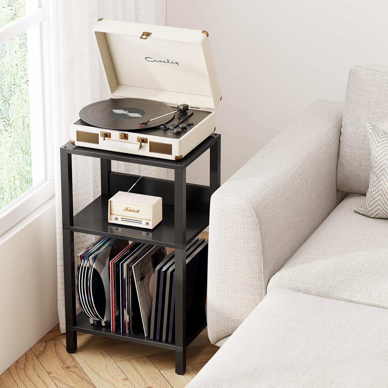 Record Player Stand with Storage up to 100 Albums,Record Storage Table,3 Tier End Table,Side Table for Living Room, Bedroom, Black TB01BK075