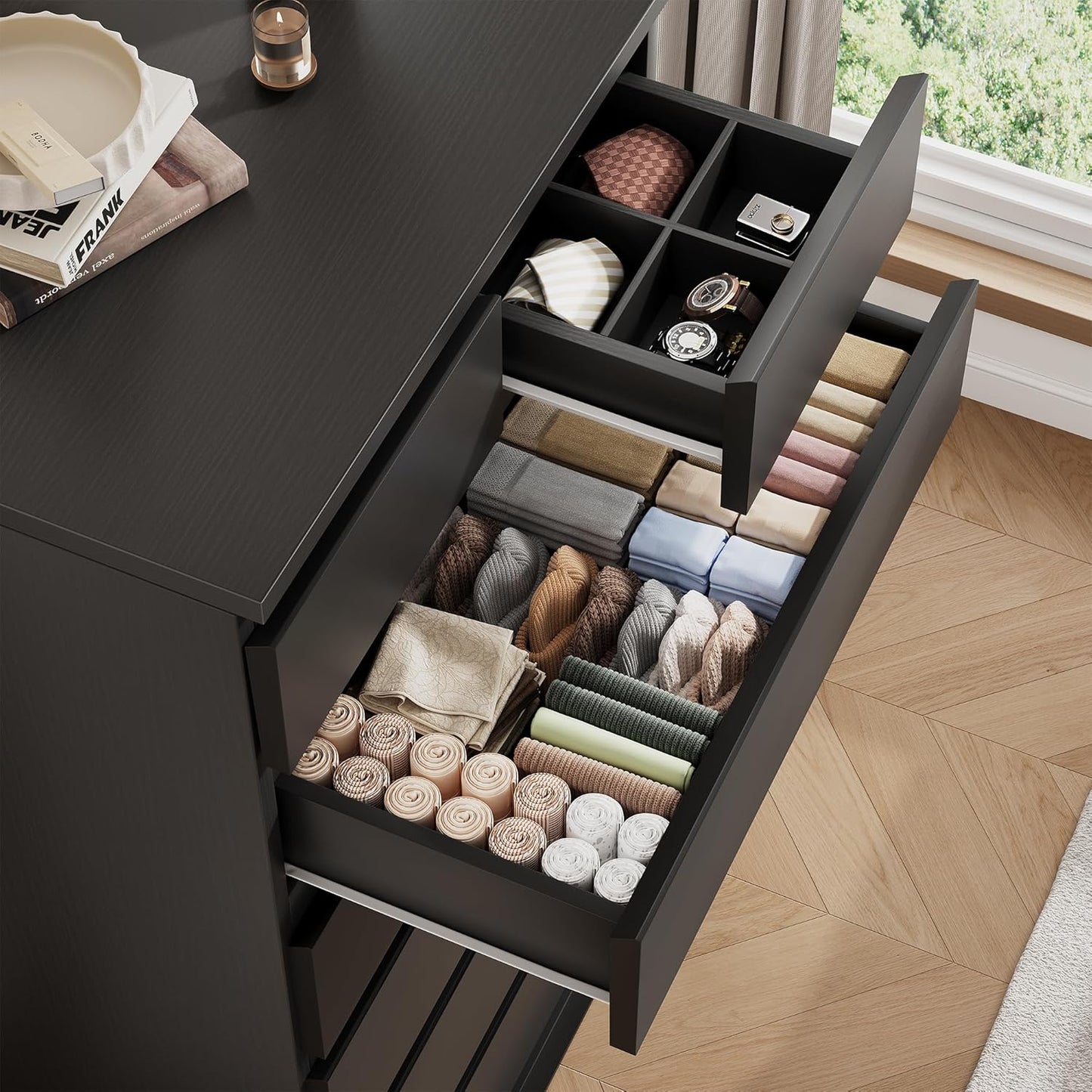 Black Tall 7 Drawer Dresser for Bedroom, Modern Wood Closet Dressers & Chests of Drawers with Jewelry Storage, 23.6" L*15.8" W*47.5" H in Large Vertical Dresser for Bedroom, Living Room, Nursery