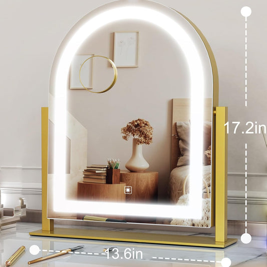 Arched Makeup Vanity Mirror with Lights 17.2" LED Makeup Mirror Detachable 10X Magnification, Hollywood Make up Mirror with Lighting, Smart Touch, 360° Rotation, (Gold,Gift Box)