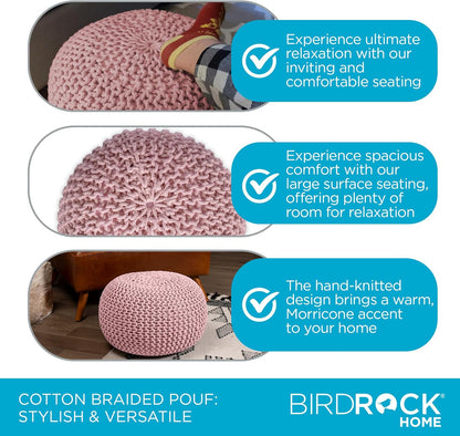 round Pouf Ottoman | Cotton Braided Foot Stool with Bean Bag Filling | Boho Foot Rest for Living Room & Bedroom | Compact & Comfortable Seating, Lightweight & Soft | Dusty Rose