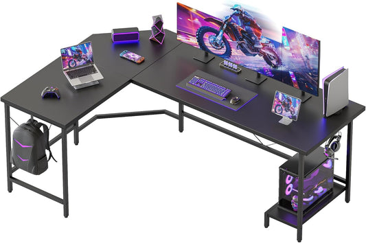 59 Inch Large Corner Gaming Desk, Simple L Shaped Desk with CPU Stand & Hooks, Computer Desk for Home, Bedroom & Office Workspace, Black