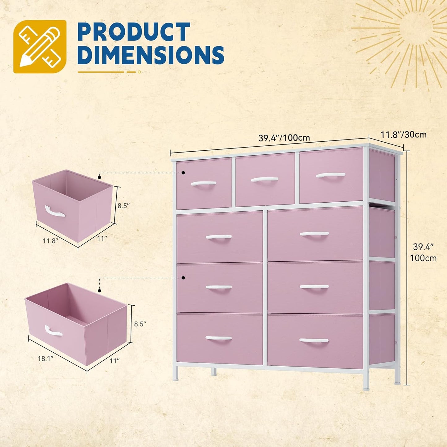Dresser with 9 Drawers, Fabric Storage Dresser, Closet Chest of Drawers for Living Room, Closets - Sturdy Steel Frame, Wooden Top & Easy Pull Fabric Bins (Pink)