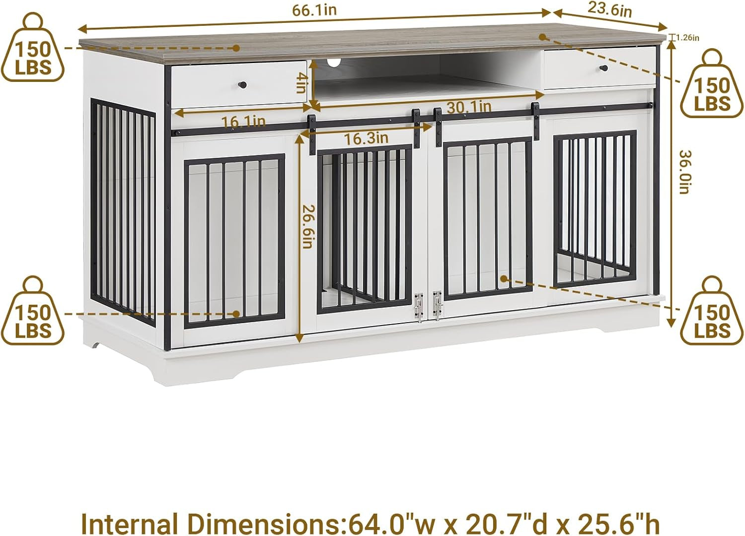 66" Double Dog Crate Furniture, Large Dog Kennel Furniture TV Stand for 2 Dogs, Furniture Style Dog Crates End Table, Wood Crates for Dogs Grey