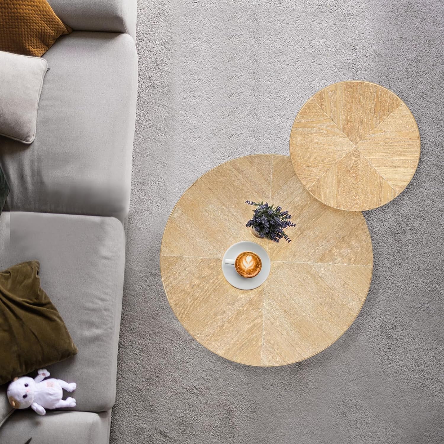 Farmhouse round Coffee Table, Rustic Sofa Side Tea Tables Nesting Center Table Set with Handmade Rattan for Living Room, French Country Decor, Natural, 2Pack