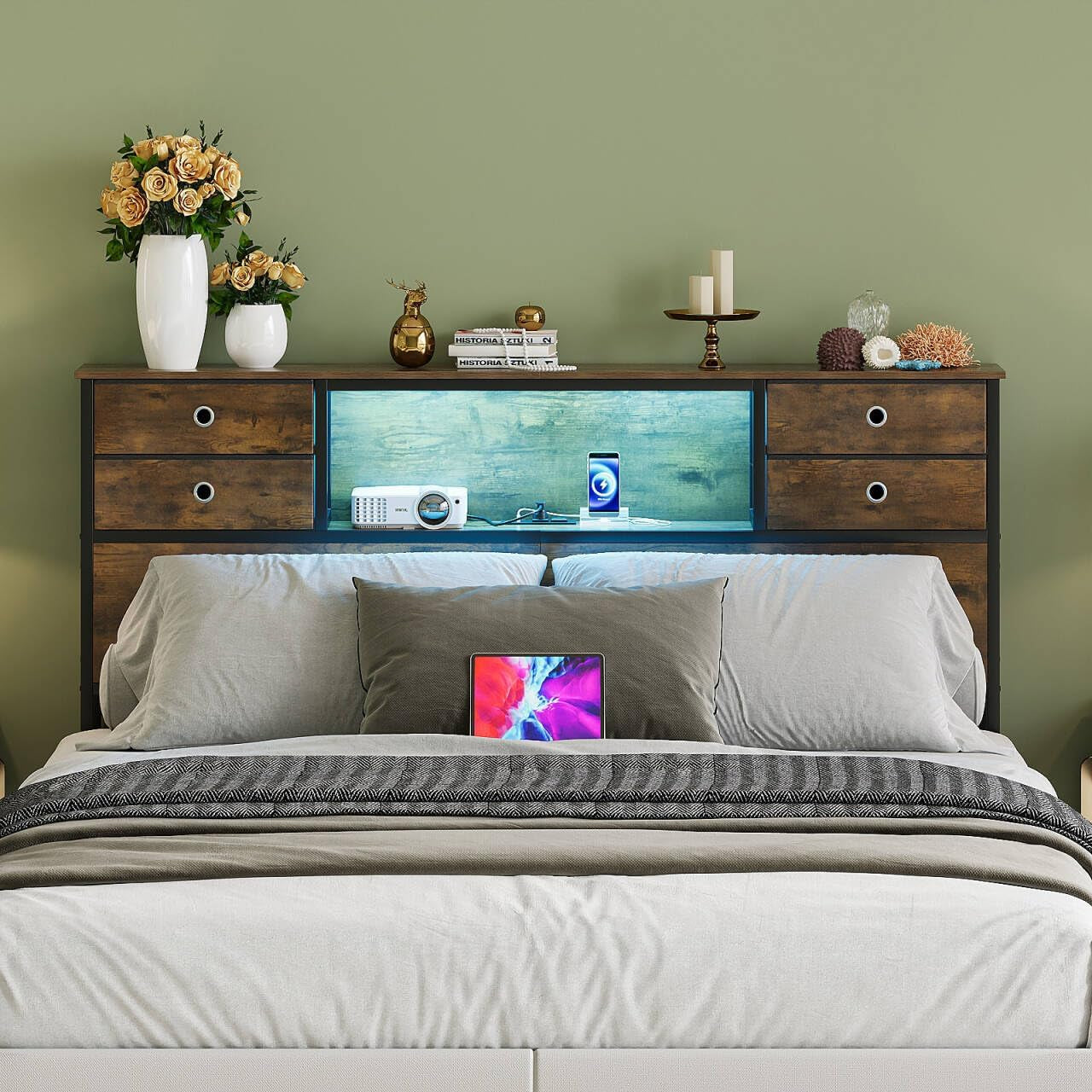 Queen Size Headboard with 4 Fabric Storage Drawers Charging Station LED Light Adjustable Height Storage Rack Sturdy and Stable Metal Frame & Wood Shelf (Rustic Brown, Queen (U.S. Standard))