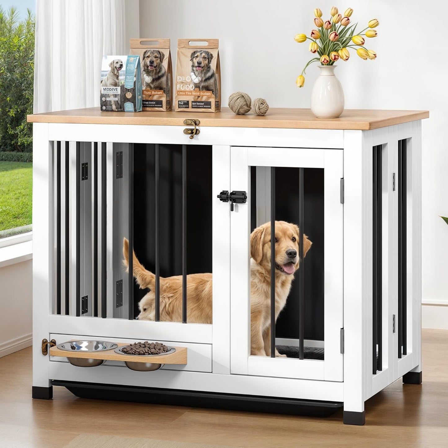 Dog Crate - 31.5" Wooden Dog Cage with Removable Tray & 360° Rotating Feeder | Decorative Dog Kennel Furniture Indoor | Multi-Functional End Table for Medium & Small Dogs, Light Walnut