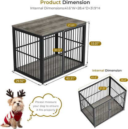 43'' XL Dog Crate Furniture with 3 Doors, Wooden Crate Combination Pet Cage, Heavy Duty Indoor Kennel for Medium to Large Dogs, Grey