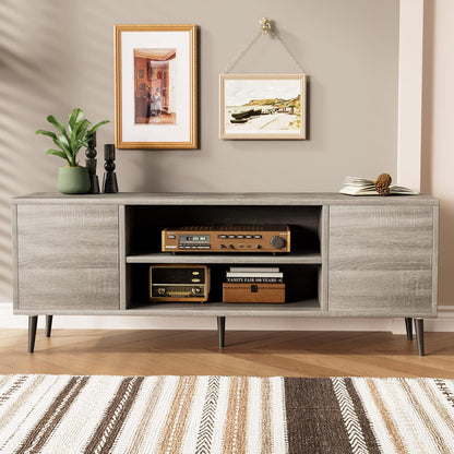 TV Stand for 65 Inch TV, Mid Century Modern TV Stand, Entertainment Center with Storage Cabinet and Open Shelves, TV Console Table Media Cabinet for Living Room, and Bedroom (Gray)