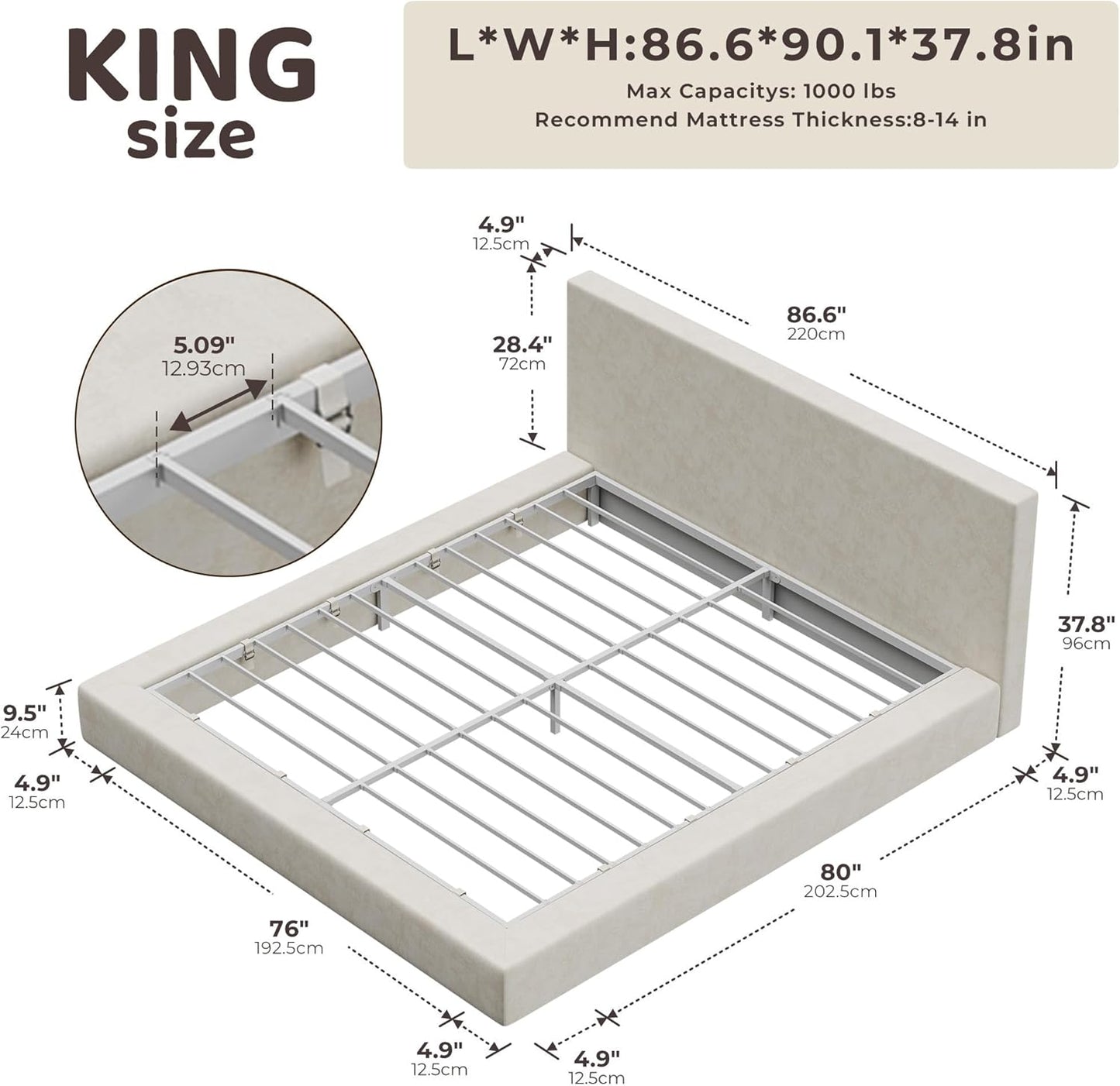 Airframe King Size Bed Frame with Headboard, Cloud Upholstered Platform Bed Frame, 5 Inch Foam Cushioned, No Box Spring, Easy Assembly(Beige Chenille)