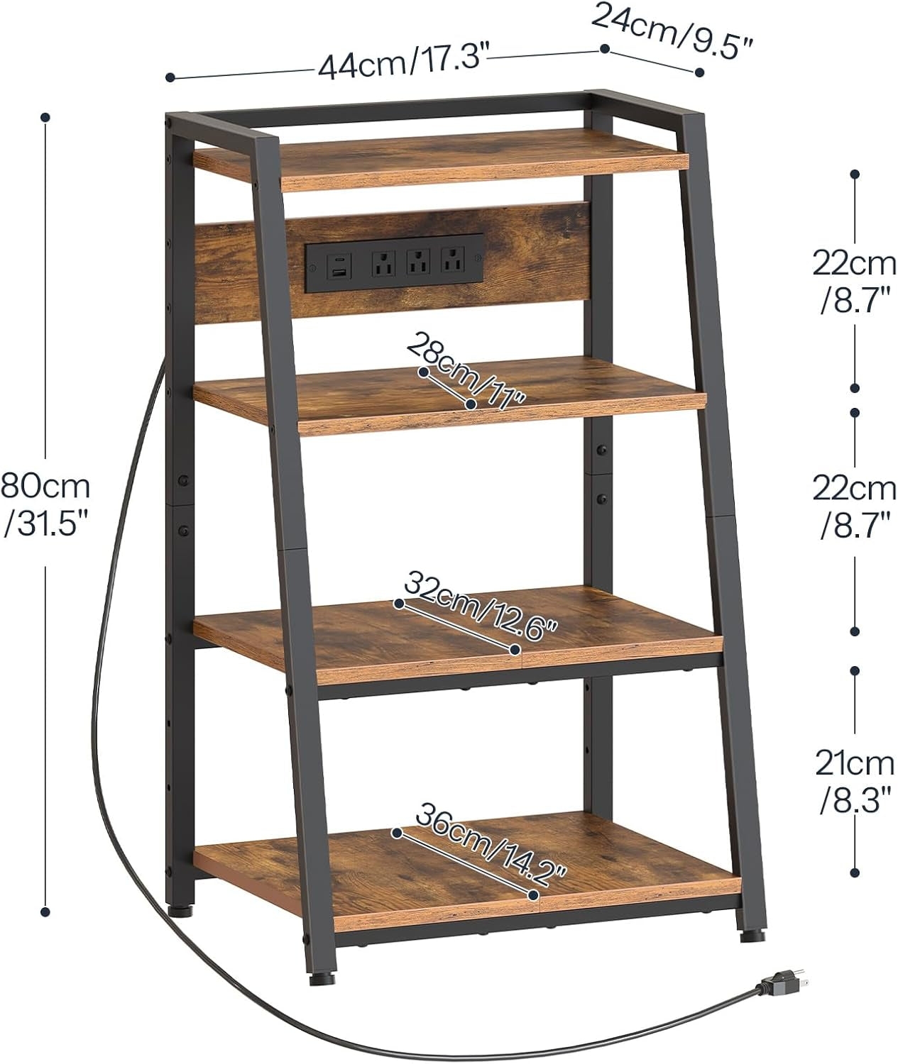 4-Tier AV Media Stand with Charging Station and LED Light, Wooden Stereo Cabinet, Game Console Stand, Media Audio Rack, Record Player, Entertainment Center, Rustic Brown and Black BF106UDCJ01