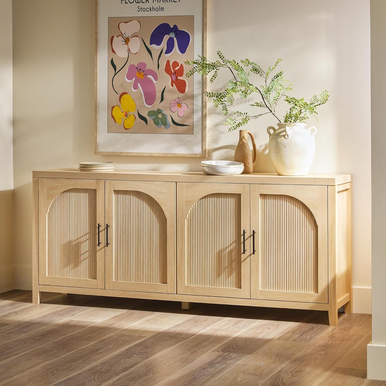 Sasha 4-Door Reeded Sideboard Buffet with Cord Management, 70 Inch, Coastal Oak